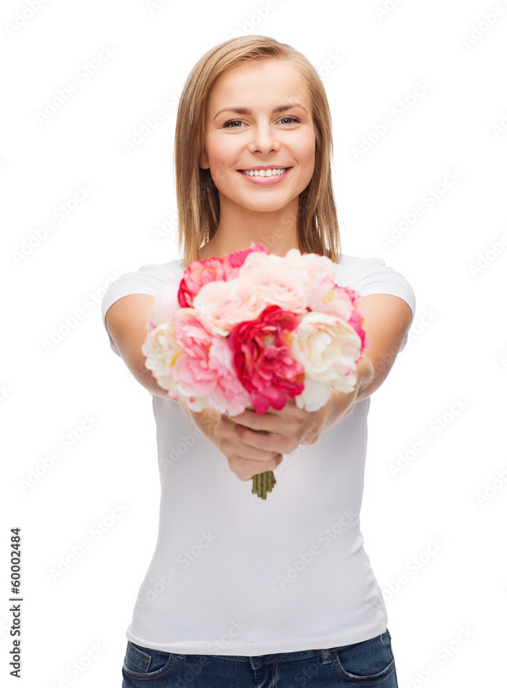 smiling woman with bouquet of flowers smiling woman with bouquet of flowers