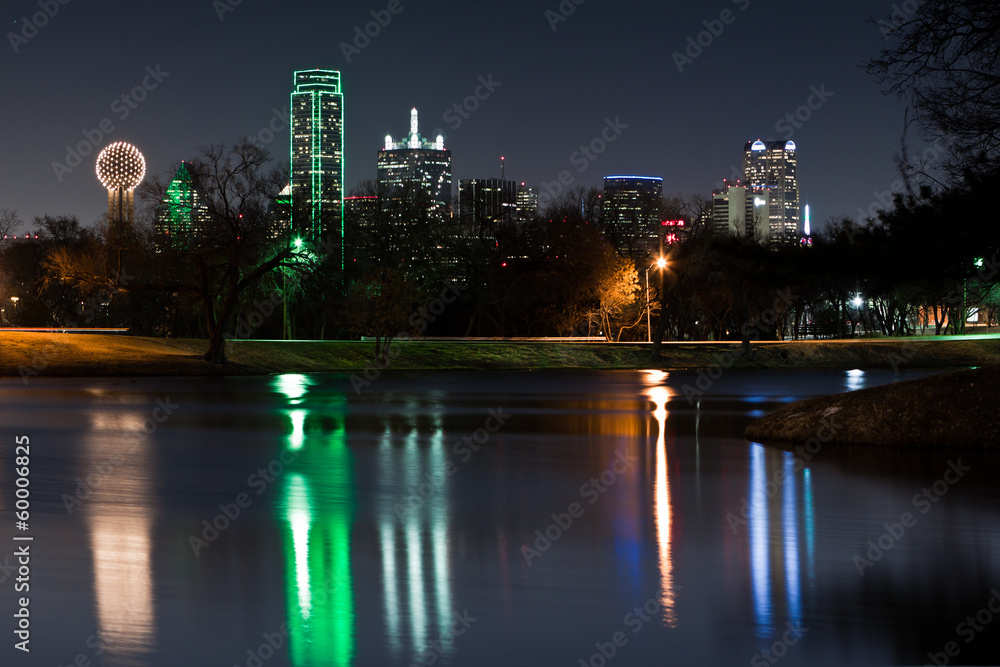 Dallas skyline reflected in Lake Cliff