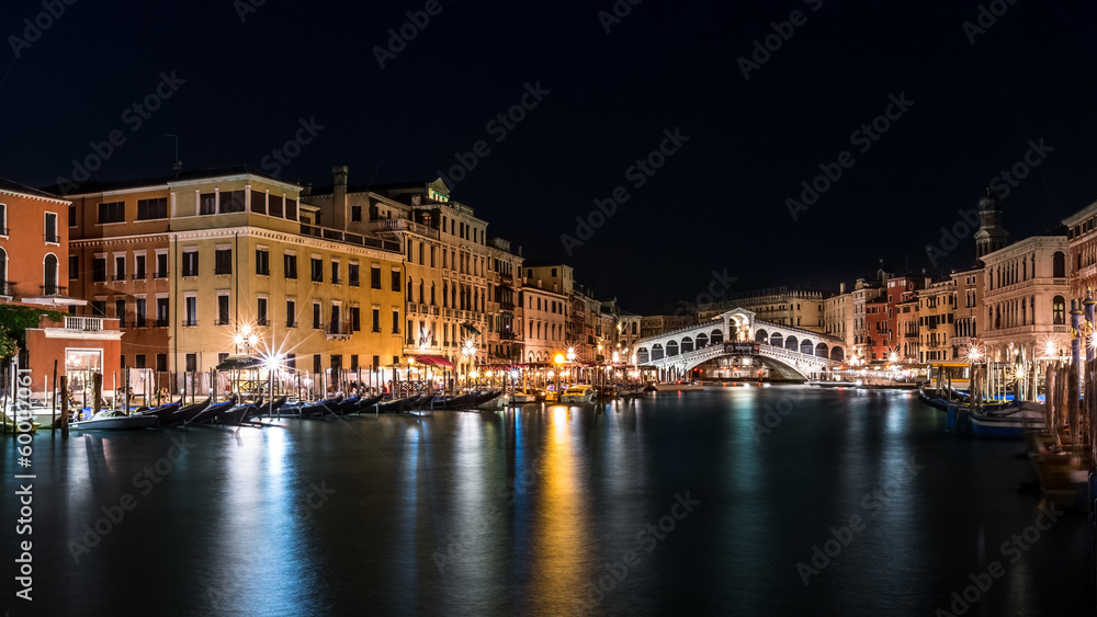 Grand Canal and Rialto bridge by night in Venice
