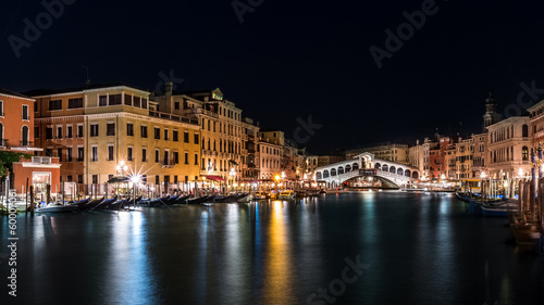 Grand Canal and Rialto bridge by night in Venice