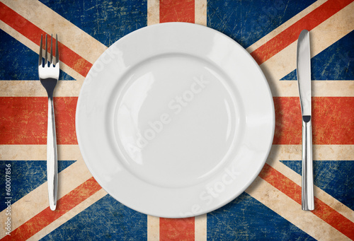 Plate, fork and kinife one grunge UK flag photo