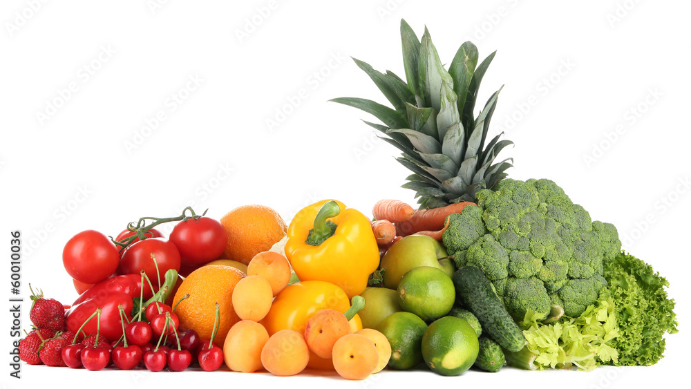 Assortment of fresh fruits and vegetables, isolated on white Assortment of fresh fruits and vegetables, isolated on white