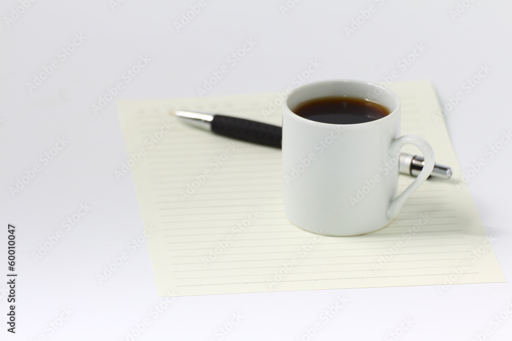 Blank paper and black coffee cup on white background Blank paper and black coffee cup on white background