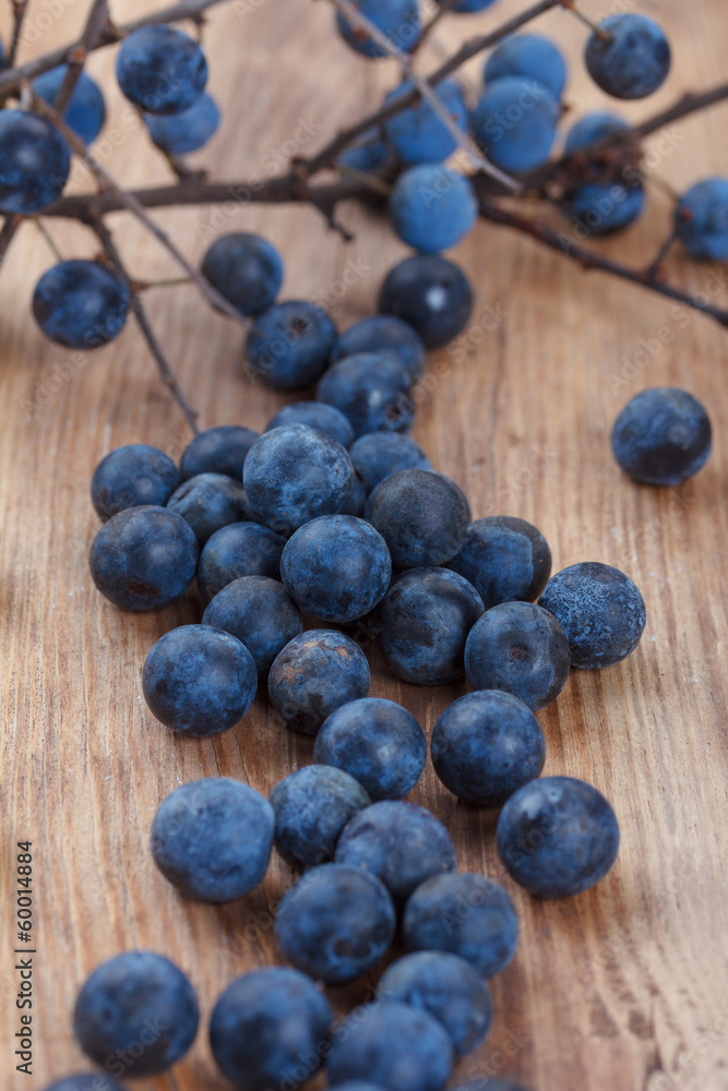 Raw ripe blackthorn berry (sloe) on wooden table Raw ripe blackthorn berry (sloe) on wooden table