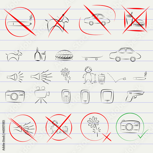 phohibition sign vector icon set, line art