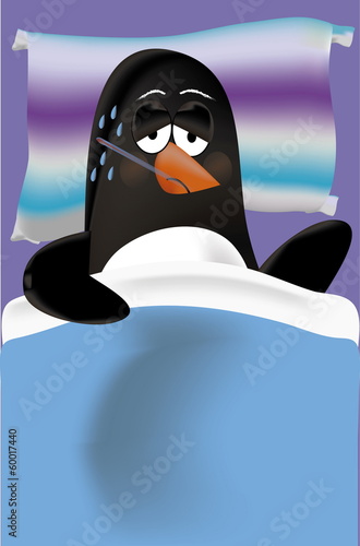 Sick penguin with fever and gripe in bed