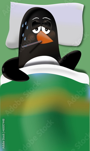 Sick penguin with fever and gripe in bed