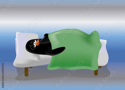 Sick penguin with fever and gripe in bed