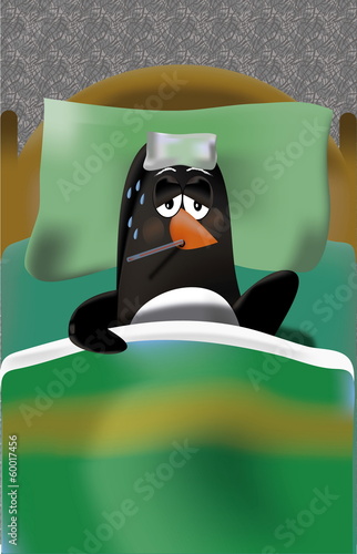 Sick penguin with fever and gripe in bed