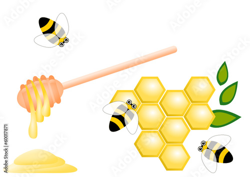 Honey comb with honey dipper and bees