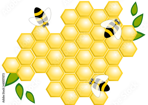 Honey comb with honey bees and leaves