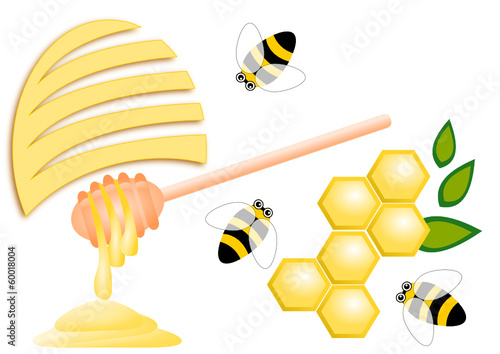 Honey comb, bees, bee hive and honey dipper