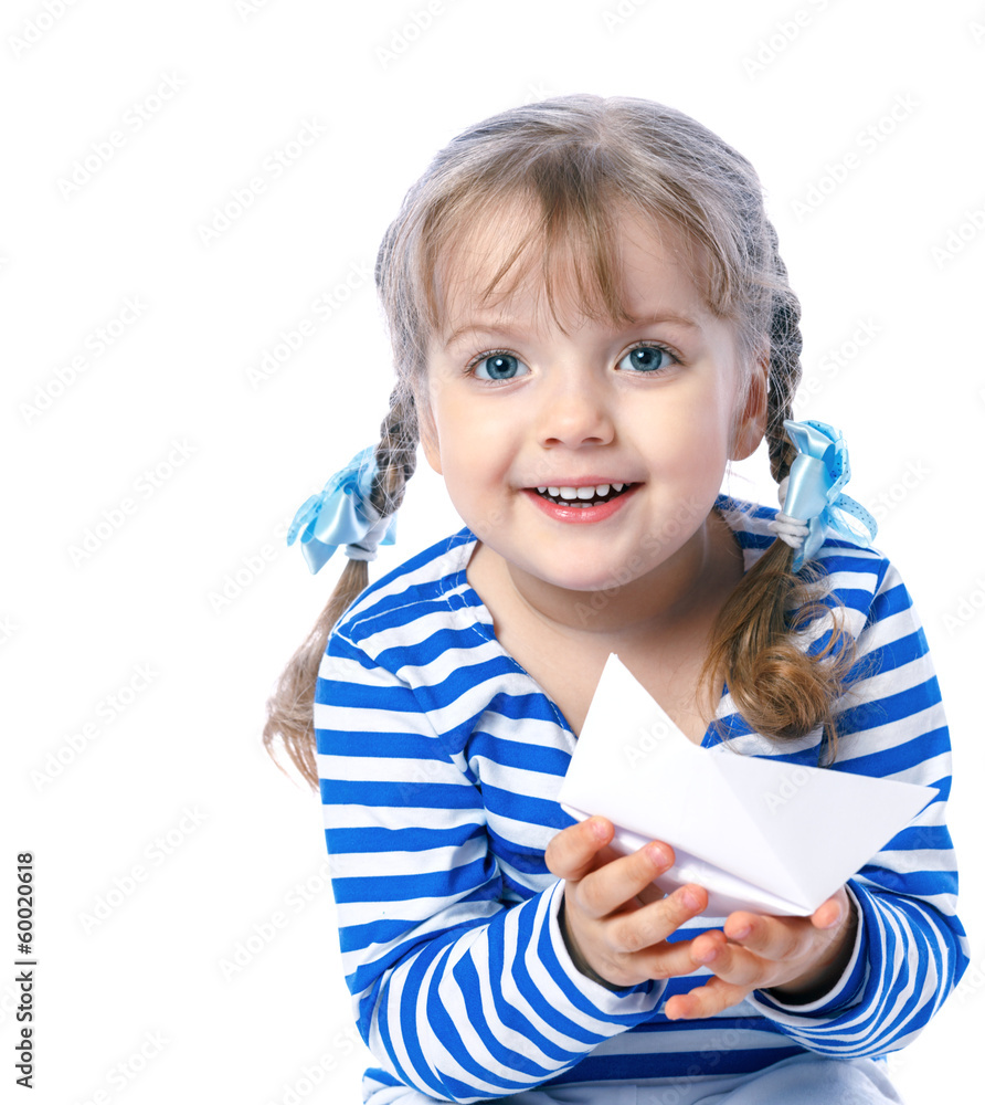 portrait of a beautiful little girl playing in the boats, map, t portrait of a beautiful little girl playing in the boats, map, t