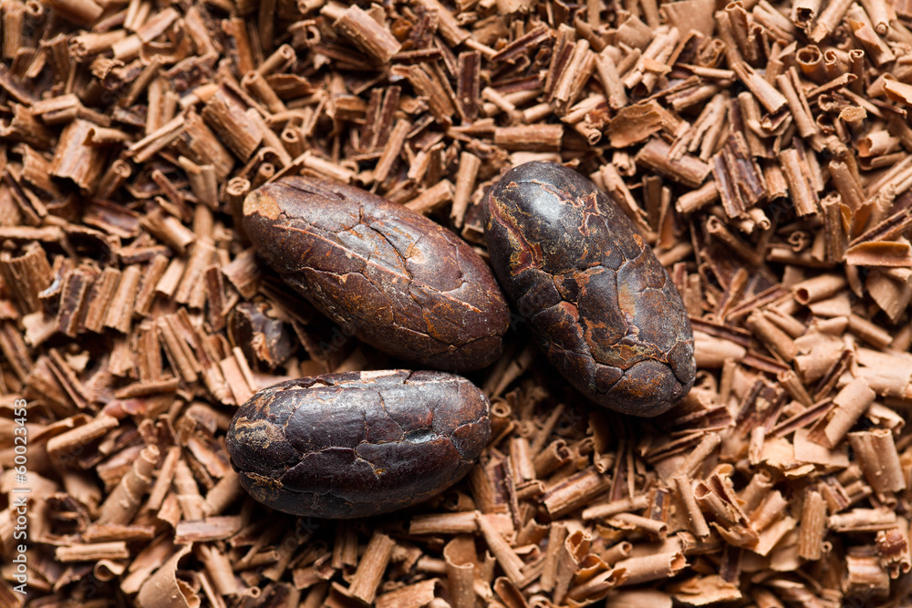 cocoa beans with chocolate shavings cocoa beans with chocolate shavings