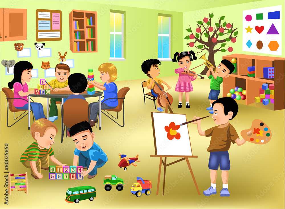 kids doing different activities in kindergarten Stock Vector | Adobe Stock