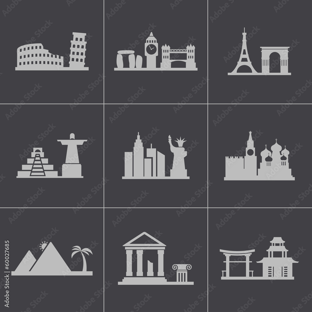 Vector black landmarks icons set