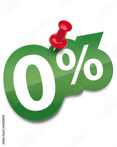 Zero percent sticker fixed by a thumbtack. Vector illustration
