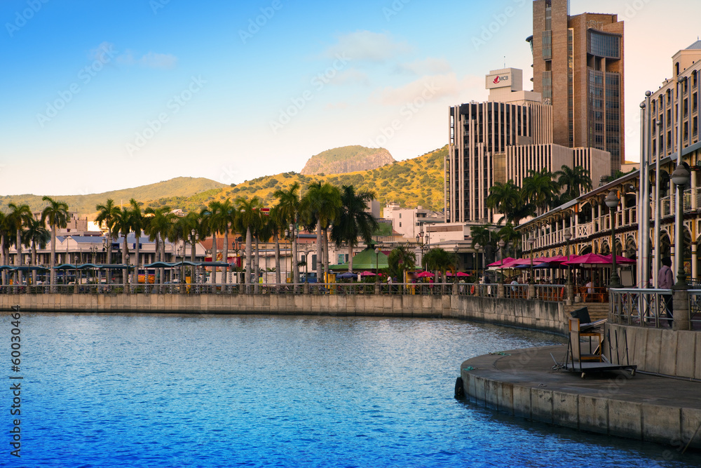 Fototapeta premium The embankment at sunset, Port-Louis- capital of Mauritius