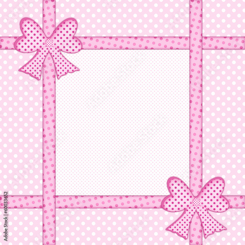 Pink polka dot background with gift bows and ribbons