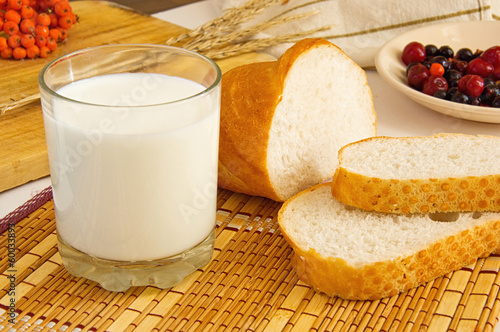 glass of milk, white bread and berries