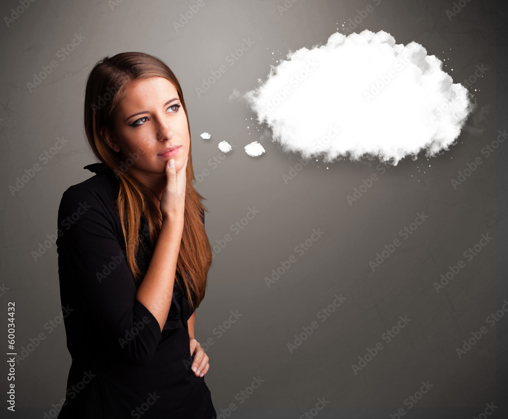 Pretty lady thinking about cloud speech or thought bubble with c