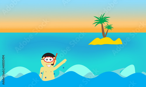 Diving boy in sea background