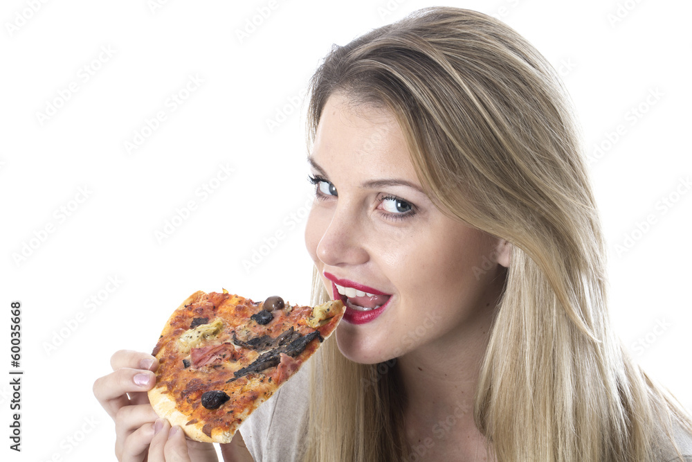 Young Woman Eating Pizza