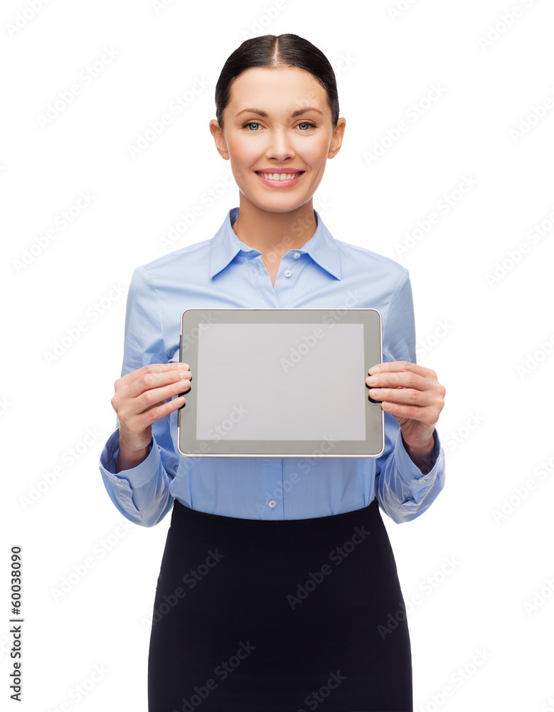 smiling businesswoman with blank tablet screen smiling businesswoman with blank tablet screen
