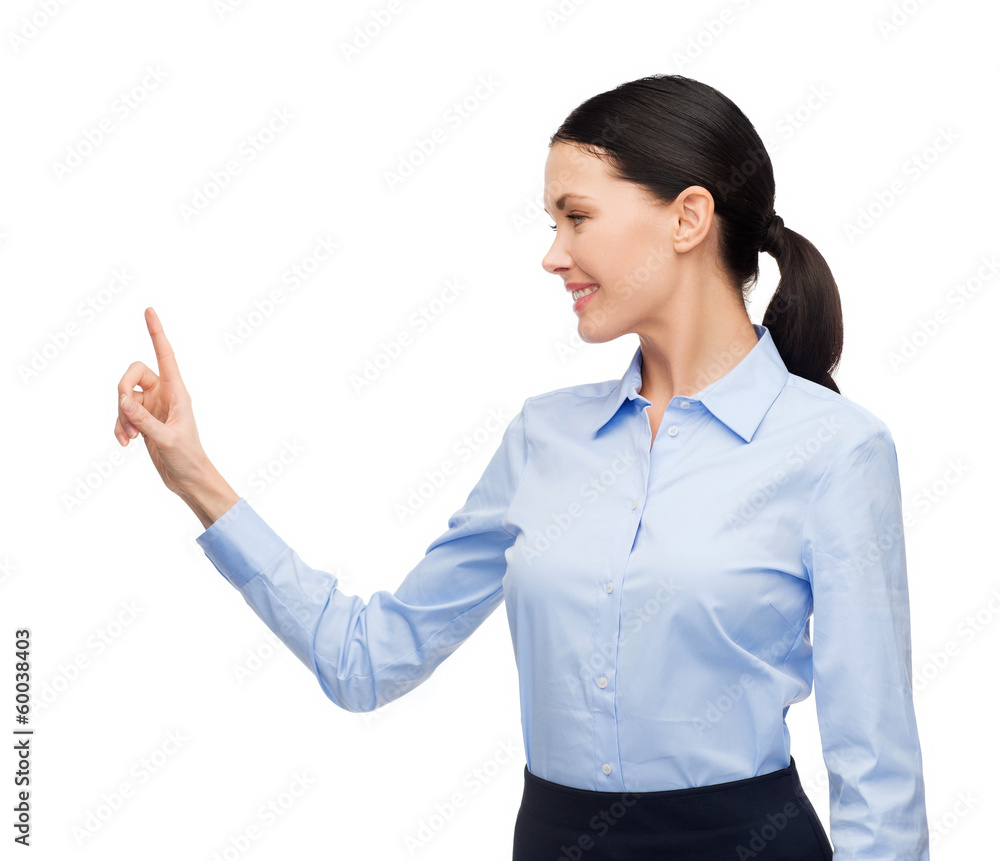 woman working with imaginary virtual screen woman working with imaginary virtual screen
