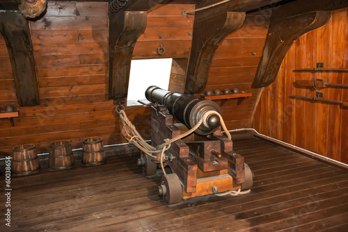 Gun cannon on vintage sailing ship