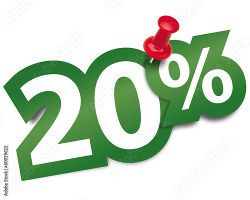 Twenty percent sticker fixed by a thumbtack. Vector illustration