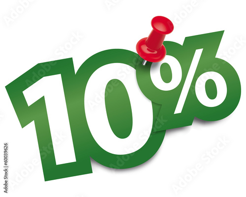 Ten percent sticker fixed by a thumbtack. Vector illustration