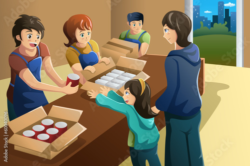 Team of volunteer working at food donation center