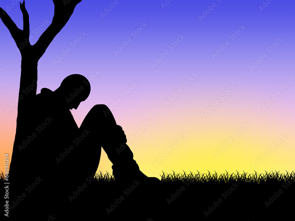 Ilustração de homem sentado ao anoitecer - reflexão sobre a vida - solidão e depresssão Ilustração de homem sentado ao anoitecer - reflexão sobre a vida - solidão e depresssão