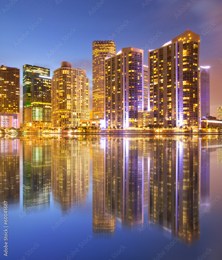 City of Miami Florida, night skyline with reflection