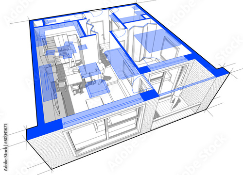 Perspective cut-away diagram of a 1-bedroom apartment