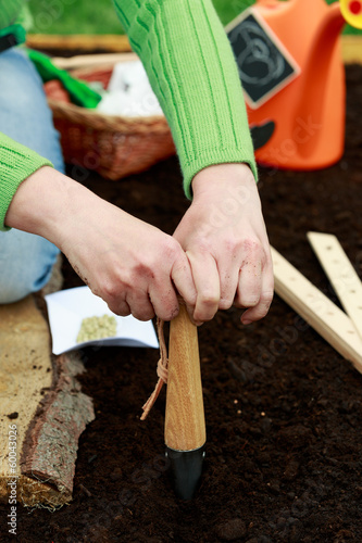 Gardening - woman sowing seeds into the soil