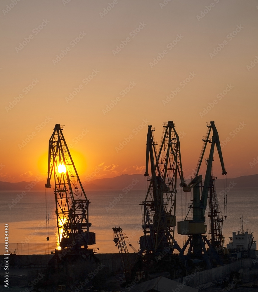 Gantry crane on a background of rising sun