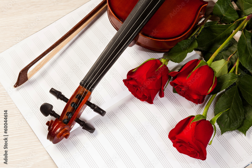 Fototapeta premium Red roses and a violin