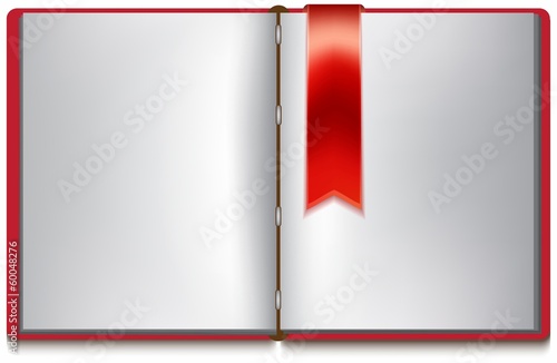 Open book with white pages, red cover and red bookmark