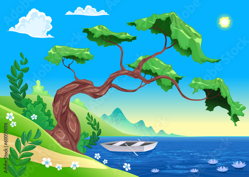 Romantic landscape with tree and water.