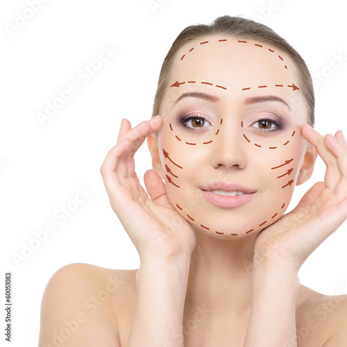Принти на полотні Beauty face of young beautiful woman and face-lift of plastic su