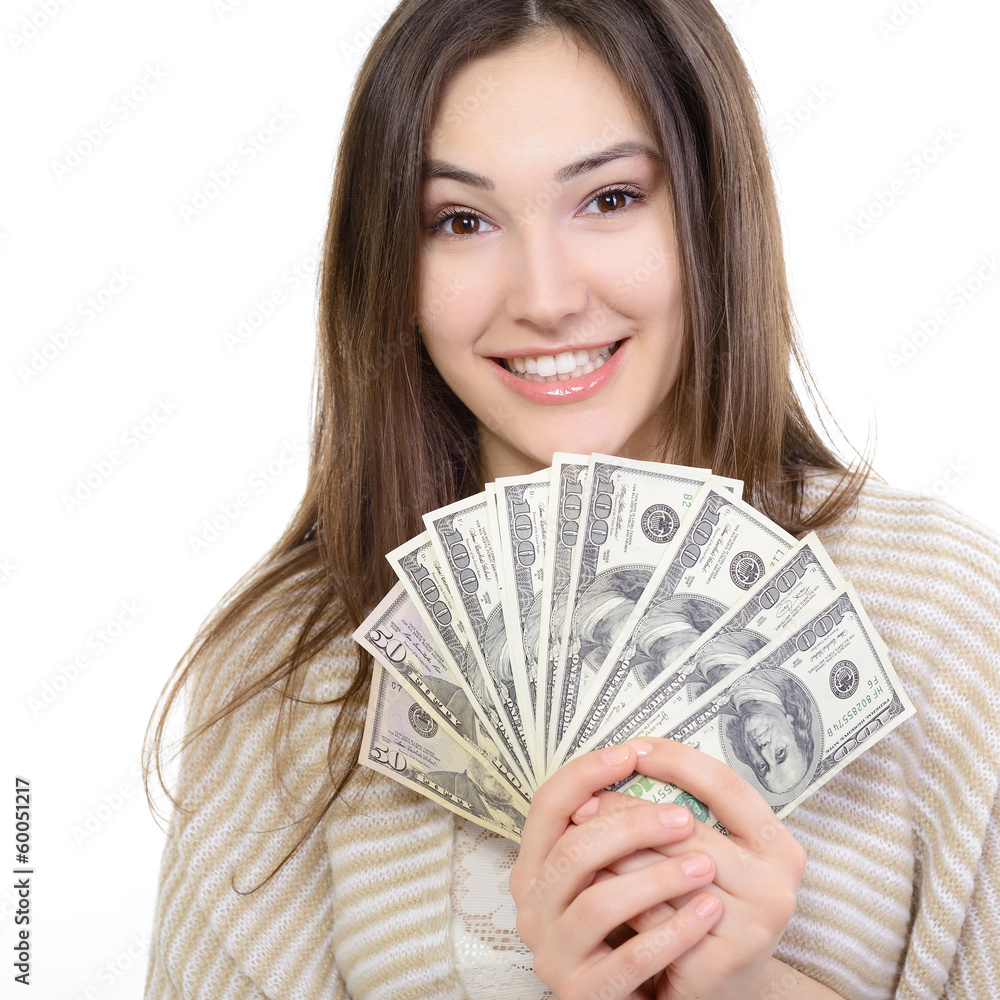 Cheerful attractive young lady holding cash and happy smiling Cheerful attractive young lady holding cash and happy smiling