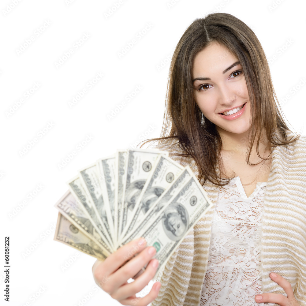 Cheerful attractive young lady holding cash and happy smiling ov Cheerful attractive young lady holding cash and happy smiling ov