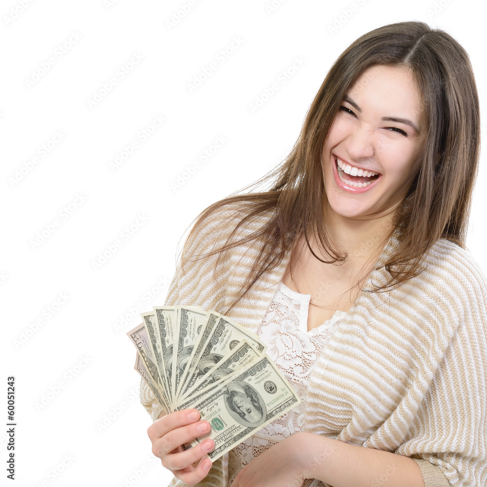 Cheerful attractive young lady holding cash and happy smiling ov Cheerful attractive young lady holding cash and happy smiling ov