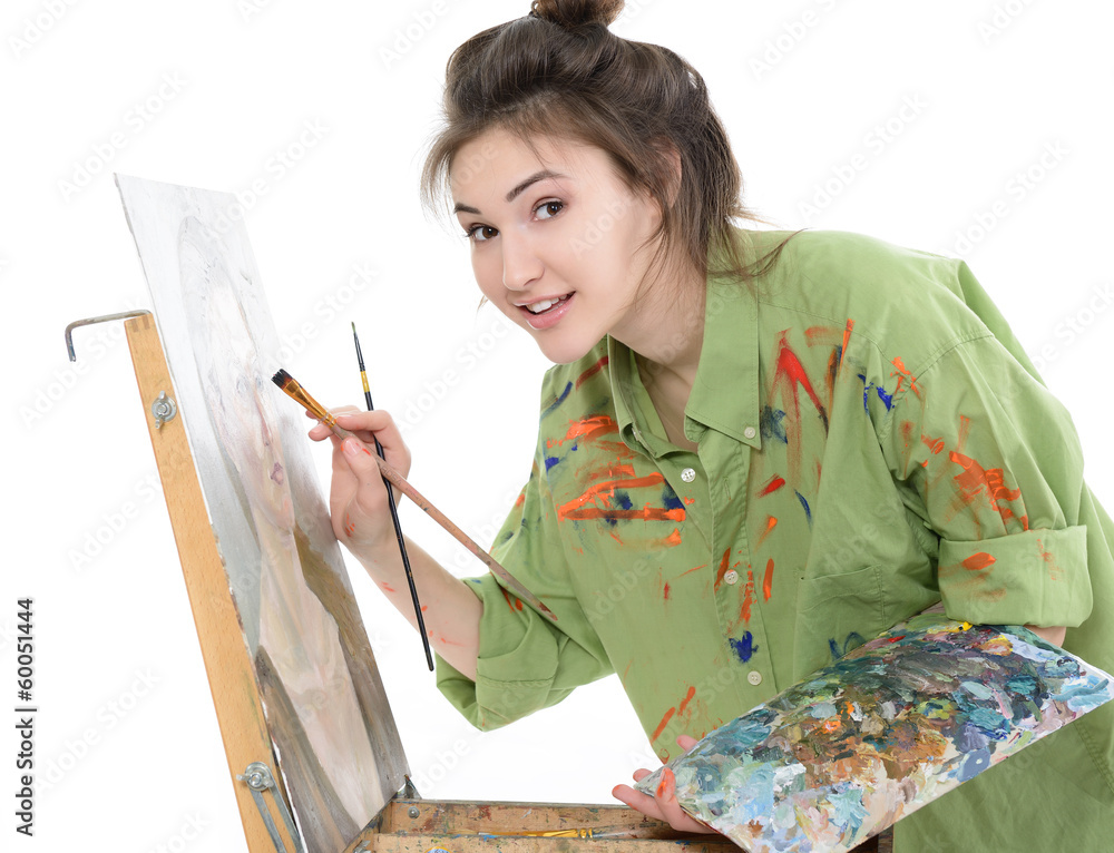 attractive teen girl painter drawing portrait with oil paints, p attractive teen girl painter drawing portrait with oil paints, p