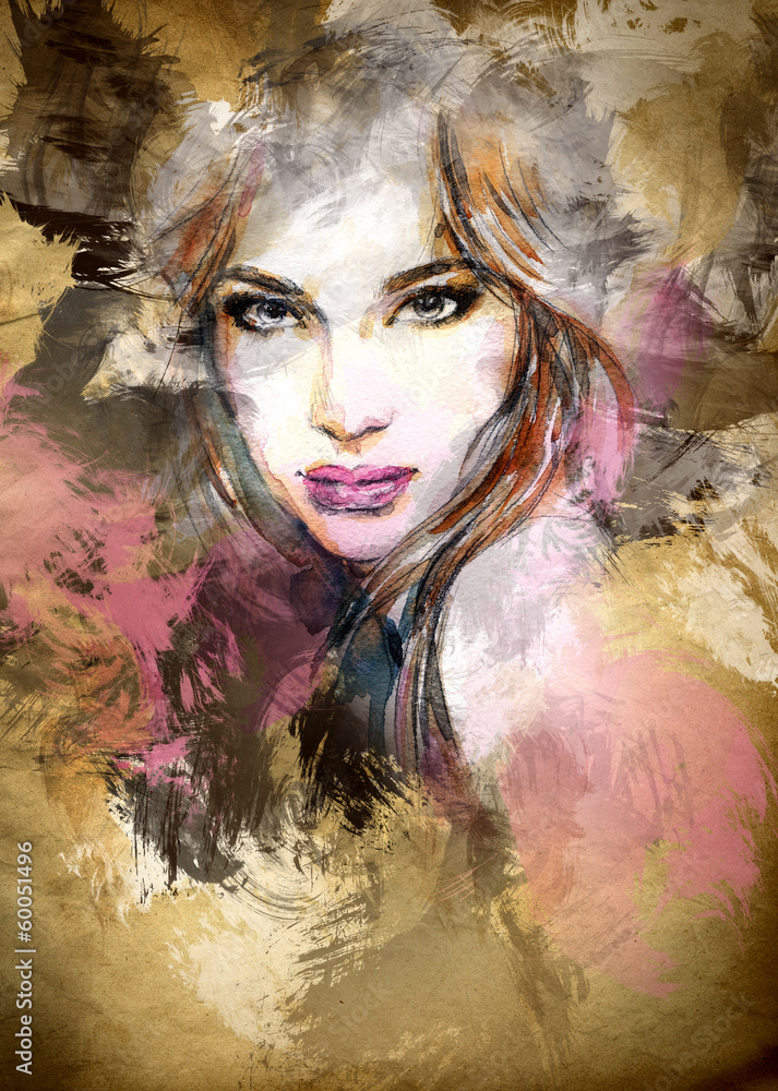 Beautiful woman face. watercolor illustration - obrazy, fototapety, plakaty 