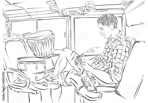 saxophone player in the bus