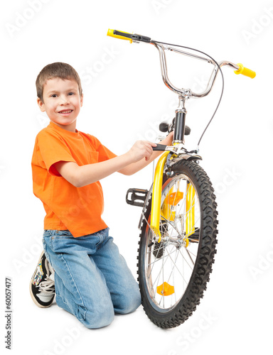 boy repair bicycle isolated