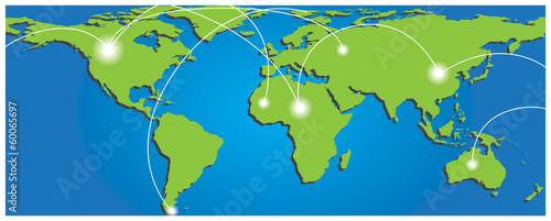 Map of world with trading paths and points